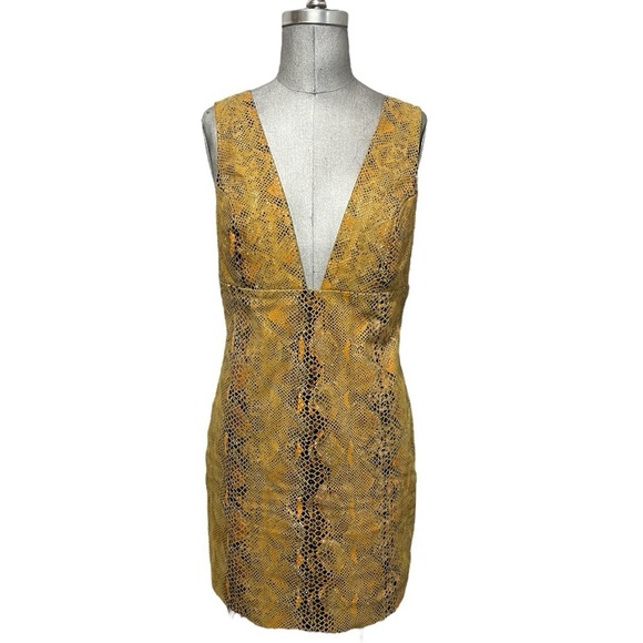 TopShop Reptile Print Bodycon Leather Gold Black & Orange Party Dress Size 8 - Picture 1 of 10